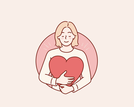 Love yourself, Self care, Woman hugging heart, acceptance and self love. Positive psychology, optimism and mental health. Hand drawn style vector design illustrations.