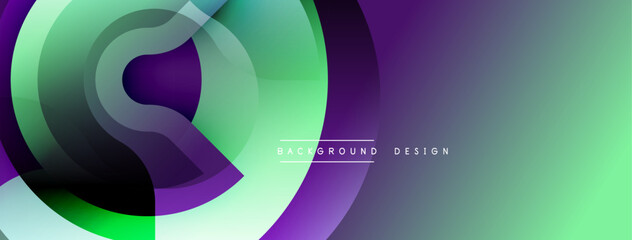 Abstract design features overlapping circles, gradients. Colors include purple, green, blue. Modern aesthetic suitable for backgrounds, presentations, digital art. Smooth transitions create dynamic vi