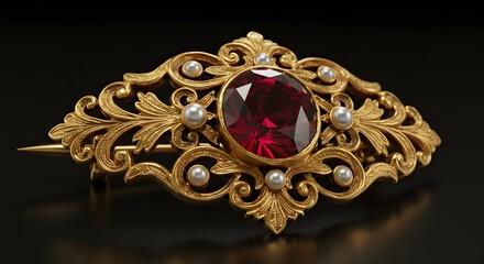 Gold Brooch with Red Ruby and Diamonds