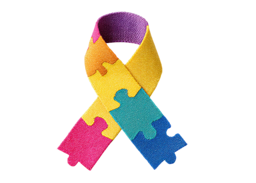 Autism awareness ribbon made of puzzle pieces on a transparent background. Symbol of support and understanding for autism spectrum disorder.