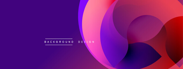 Abstract background features overlapping circles. Gradient transitions from purple, pink, red create dynamic visual effect. Minimalist design with text elements present.