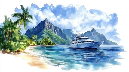 cruise to tropical island clipart digital watercolor clipart detailed illustration - stock photo