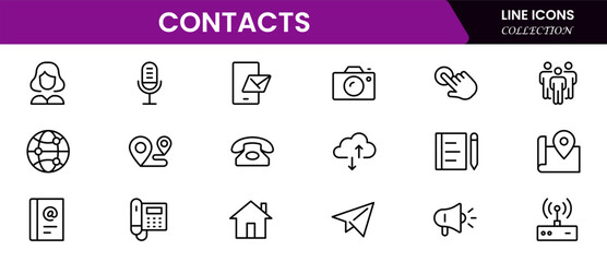 Contact us line icon set. Chat, name, address, email, message, phone and more.Outline vector icon in linear style. Conceptual pictogram collection