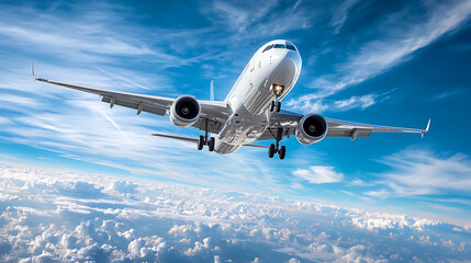 Obraz premium Aircraft landing in sunny skies above clouds aerial photography aviation high angle travel adventure