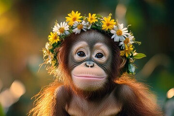 Fototapeta premium Cute baby animal orangutan wearing fierce flower wreath on its head. Summer happiness. Golden hour in sunset. Graceful wild creature in bloom. Wild animal with natural beauty.