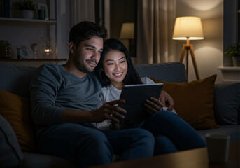 Obraz premium Couple relaxing on sofa watching TV at night in cozy home atmosphere with dim lights.