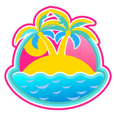 Obraz premium Tropical island sticker featuring palm trees, a sunset, and vibrant colors for a cheerful summer vibe