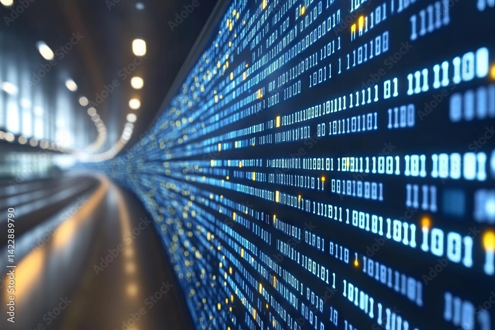 Poster a long blue line of numbers with yellow dots. symbolizing the intersection of big data with exam top