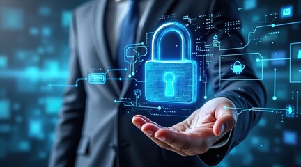 A professional man holds a glowing digital padlock, symbolizing cybersecurity and data protection in a modern tech environment.