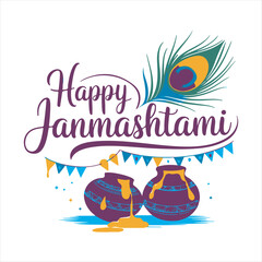 Happy Janmashtami Festival Vector Design,Krishna Janmashtami Celebration Typography,Elegant Janmashtami Greeting Card Design,Festive Janmashtami Logo with Peacock Feather