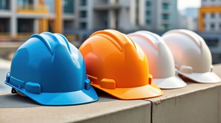 A row of colorful safety helmets sits on a ledge, showcasing their vibrant designs and reflecting a construction or industrial setting.