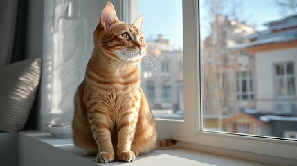 Cute tabby cat gazing out window peaceful domestic animal pet photography