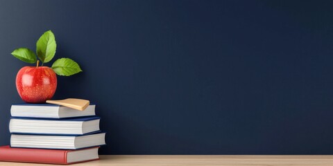Red Apple on Books Against Dark Blue Background