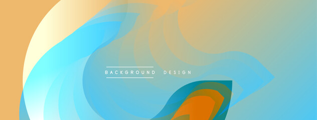 Abstract fluid shapes blend orange, blue, green hues. Soft gradients create dynamic, flowing composition. Minimalist design evokes modern aesthetic. Smooth transitions dominate visual space.