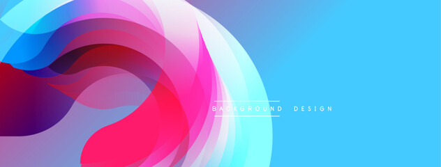 Abstract flowing layers, vibrant colors blend. Dynamic composition creates modern visual experience. Blue, pink, purple hues dominate design. Smooth gradients suggest movement.