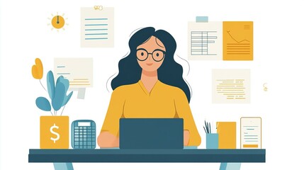 Female professional working at her desk, surrounded by documents.