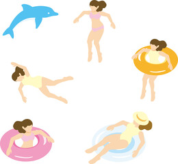 アイソメトリック　人物　女性　海　プール　水着　水泳　夏　スポーツ　レジャー　イラスト素材セット