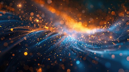 Obraz premium Abstract picture micro light sparkling particle represent data flow vivid flowing wave with high tech background, create digital effect scene perfect for energetic and fantasy wallpaper design. AIG53.