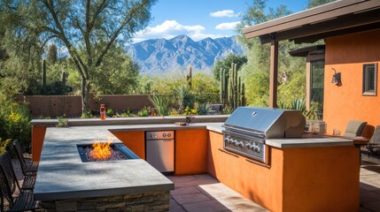 Outdoor kitchen with mountain view, fire pit, and seating