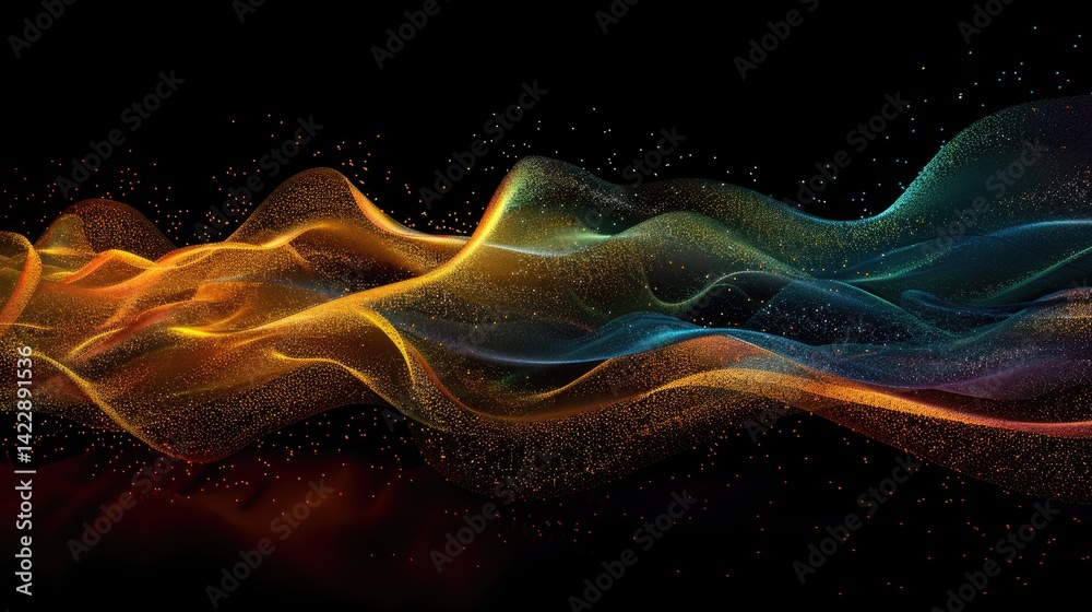 Poster flowing digital waves with glowing particles on a dark background. abstract line art or digital wave