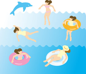 アイソメトリック　人物　女性　海　プール　水着　水泳　夏　スポーツ　レジャー　イラスト素材セット