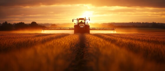 Fototapeta premium Tractor sprays crops during sunset in a vast agricultural field