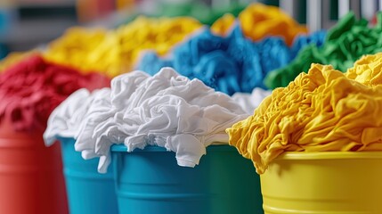 Colorful Laundry Baskets with Piled Clothes Waiting to be Washed