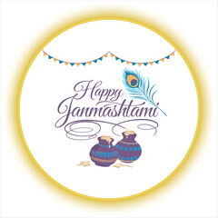 Happy Janmashtami Festival Vector Design,Krishna Janmashtami Celebration Typography,Elegant Janmashtami Greeting Card Design,Festive Janmashtami Logo with Peacock Feather