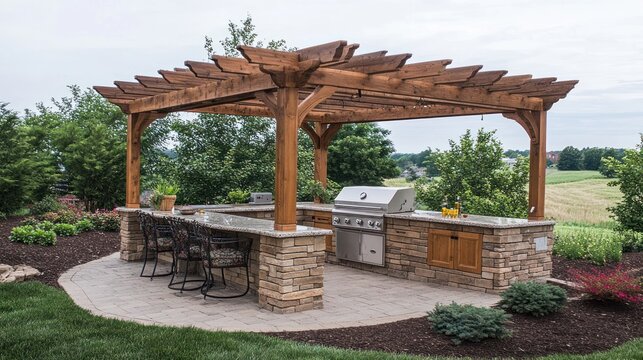Outdoor Wooden Pergola Kitchen with Stonework