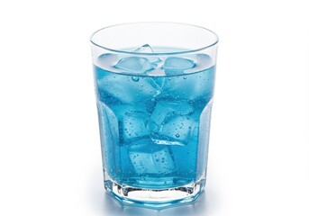 A clear glass filled with a blue liquid and ice cubes sitting on a plain white background surface top