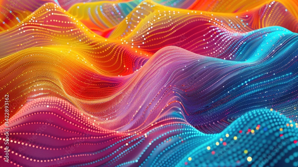 Poster this abstract image features a colorful wave of dots and lines, creating a dynamic and vibrant visua