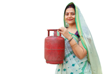Indian woman with LPG Gas Cylinder for cooking in kitchen standing isolated over white background. Empowering Women. Clean energy. India.