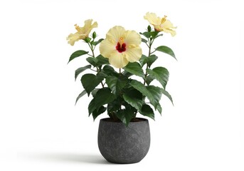 Close up of a potted hibiscus plant with yellow flowers and green leaves on a white background space