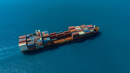 Aerial view of the freight shipping transport system cargo ship container. international...
