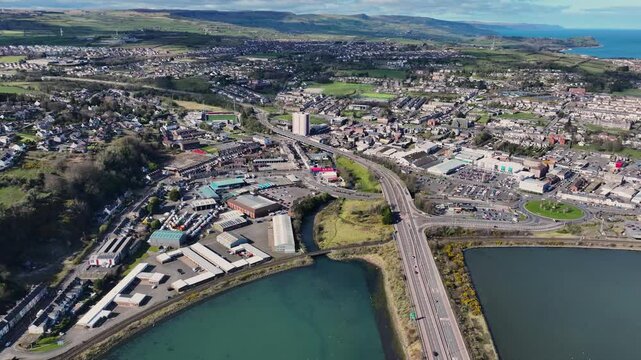 Aerial video of Residential homes in Larne Town Co Antrim Northern Ireland