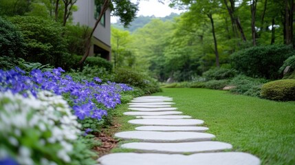 Obraz premium A winding stepping stone path curves through a lush green garden lawn bordered by purple flowers and dense forest trees.