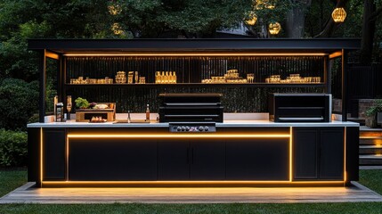 Modern outdoor kitchen at night
