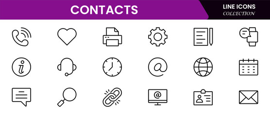 Contact us line icon set. Chat, name, address, email, message, phone, and more. Outline vector icon in linear style. Conceptual pictogram collection