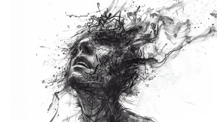 Abstract style picture of exploding particle scatter around express emotional state of human mind. Burst effect of dust represent psychological meaning convey sense of sadness and suffering. AIG53.