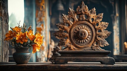 Intricate Wooden Ornament with Yellow Flowers in Decorative Setting