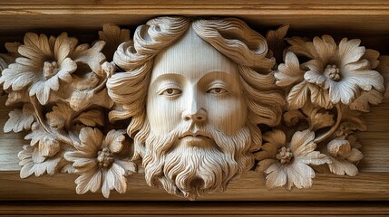 Intricate Wooden Carving of a Male Face with Floral Accents