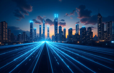 Fototapeta premium Nighttime Futuristic Cityscape with Light Trails