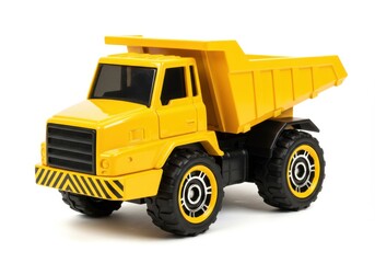 A yellow toy dump truck with black tires and a white background is shown in a studio shot view