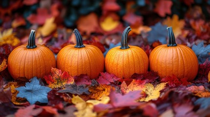 Naklejka premium decorative fall setting with pumpkins and colorful leaves - stock photo
