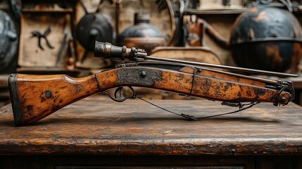 Antique wooden rifle with detailed engravings on rustic table