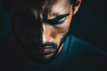 Fototapeta premium A person experiencing the anger of being judged by AI-powered stereotypes, A close-up shot capturing the intensity and depth of emotions on a man's face