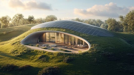 Sustainable, earth-sheltered home design nestled in a grassy landscape.