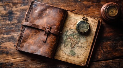 Vintage Leather Journal with World Map and Antique Compass