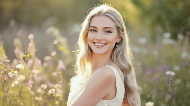 Smiling young woman with long blonde hair standing in a sunlit meadow of wildflowers with soft focus