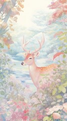 Reindeer in a garden wildlife painting animal.
